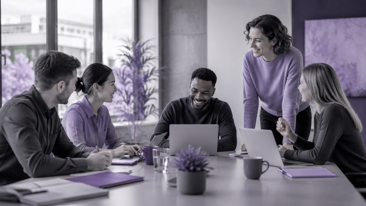 Team working together around laptops in a daylight office