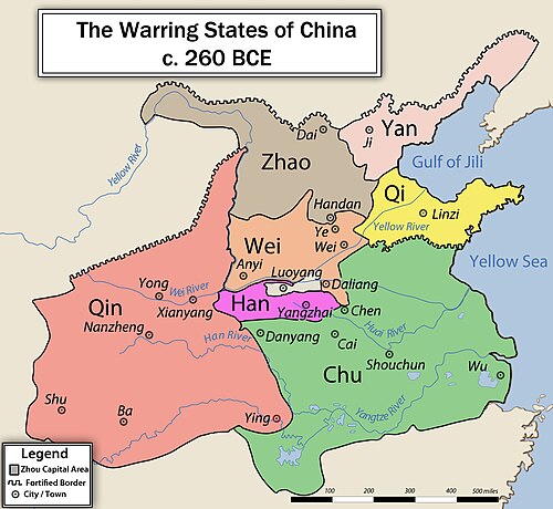 Map of the Seven Warring States of China, circa 260 BCE — each with its own script, currency, weights, and laws