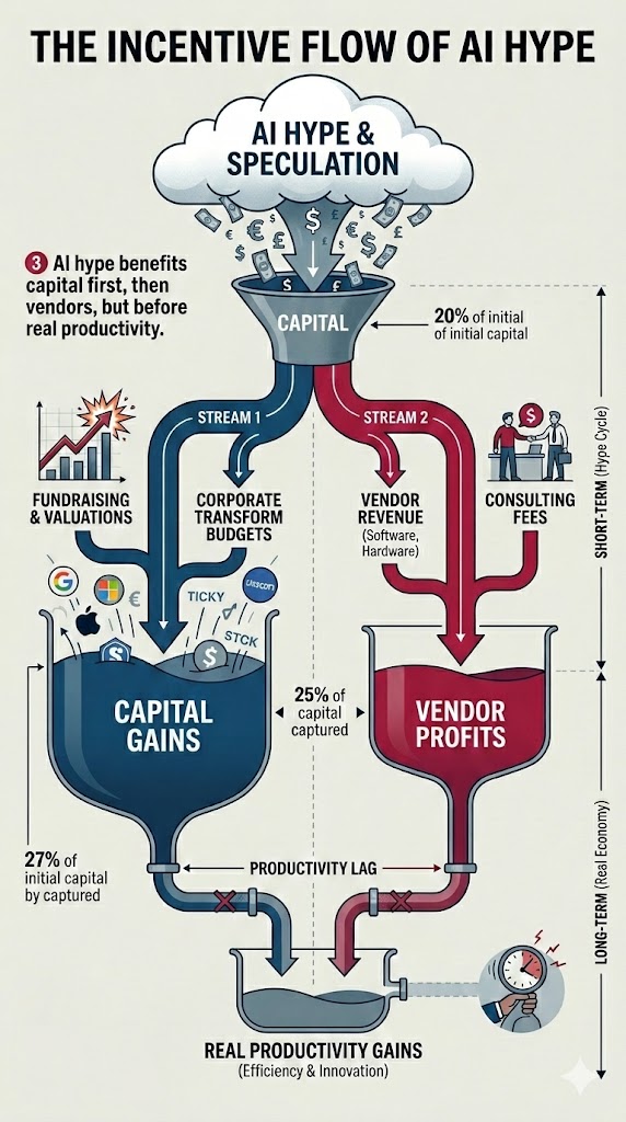 The Incentive Flow of AI Hype: AI hype and speculation flows through capital into two streams — Stream 1 (fundraising, valuations, corporate transformation budgets → capital gains) and Stream 2 (vendor revenue, consulting fees → vendor profits). Only 27% of initial capital is captured as capital gains, 25% as vendor profits. A productivity lag separates the hype cycle from real long-term productivity gains in the real economy.