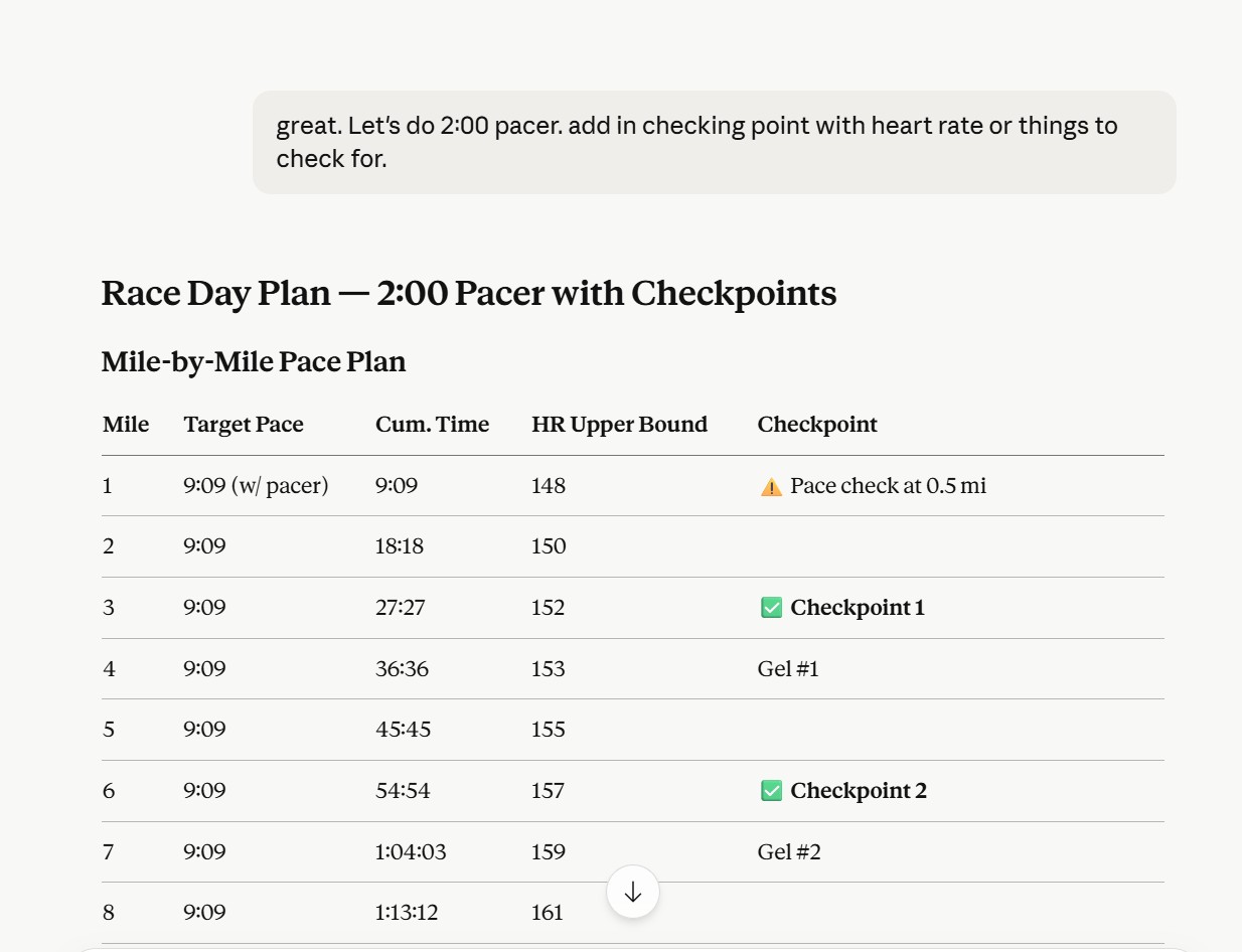 Mile-by-mile pacing strategy generated by Claude with heart rate ceilings